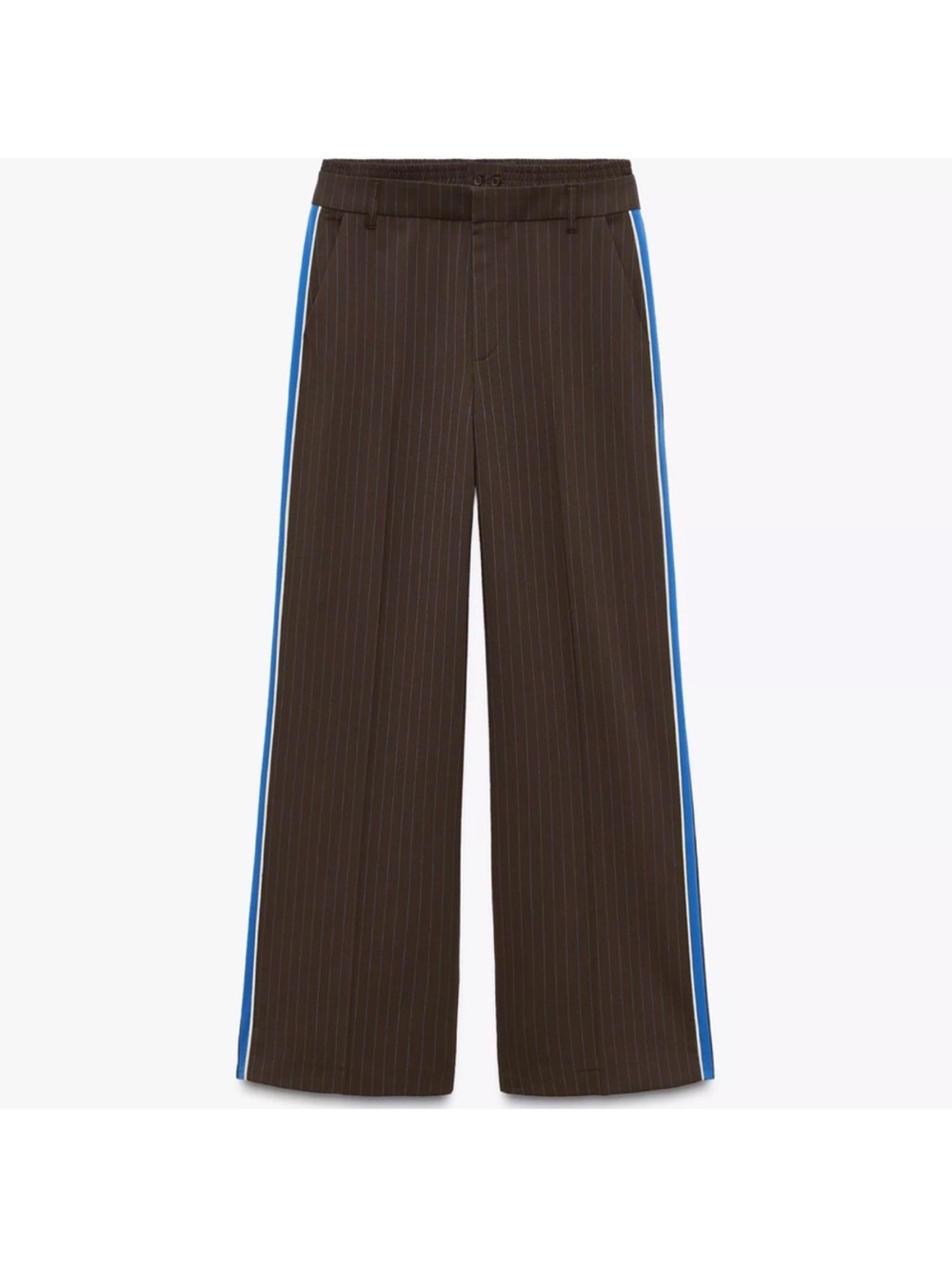 Zara Brown Pinstripe Wide-Leg Chinos with Blue Side Stripe
